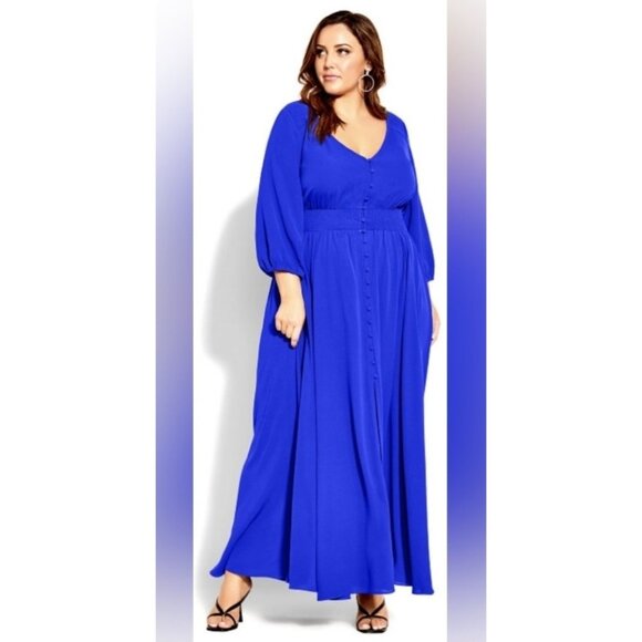 New! CITY CHIC Desire Size 22 Shirred Waist Button Front Maxi Dress Cobalt Blue - Picture 1 of 13